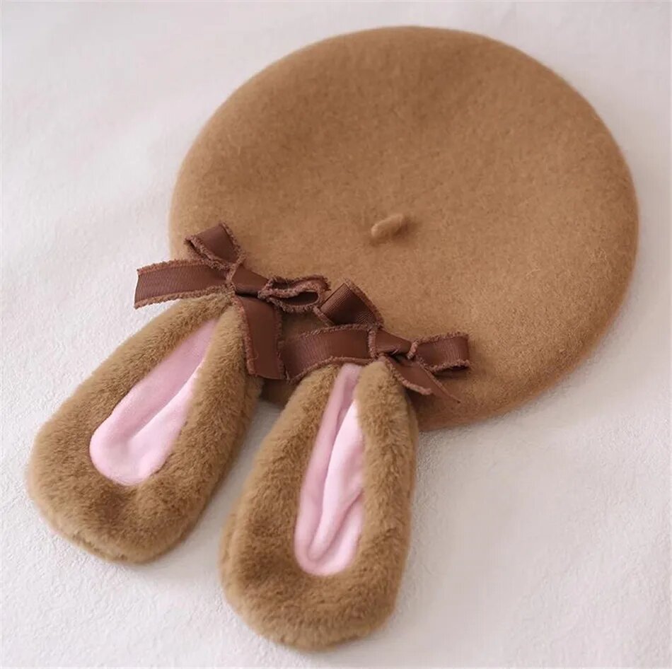 Берет ручной работы с коричневыми заячьими ушками, шапка-берет, плоская шапка художника Лолиты, женская теплая шапка B2551, color 1, Женский