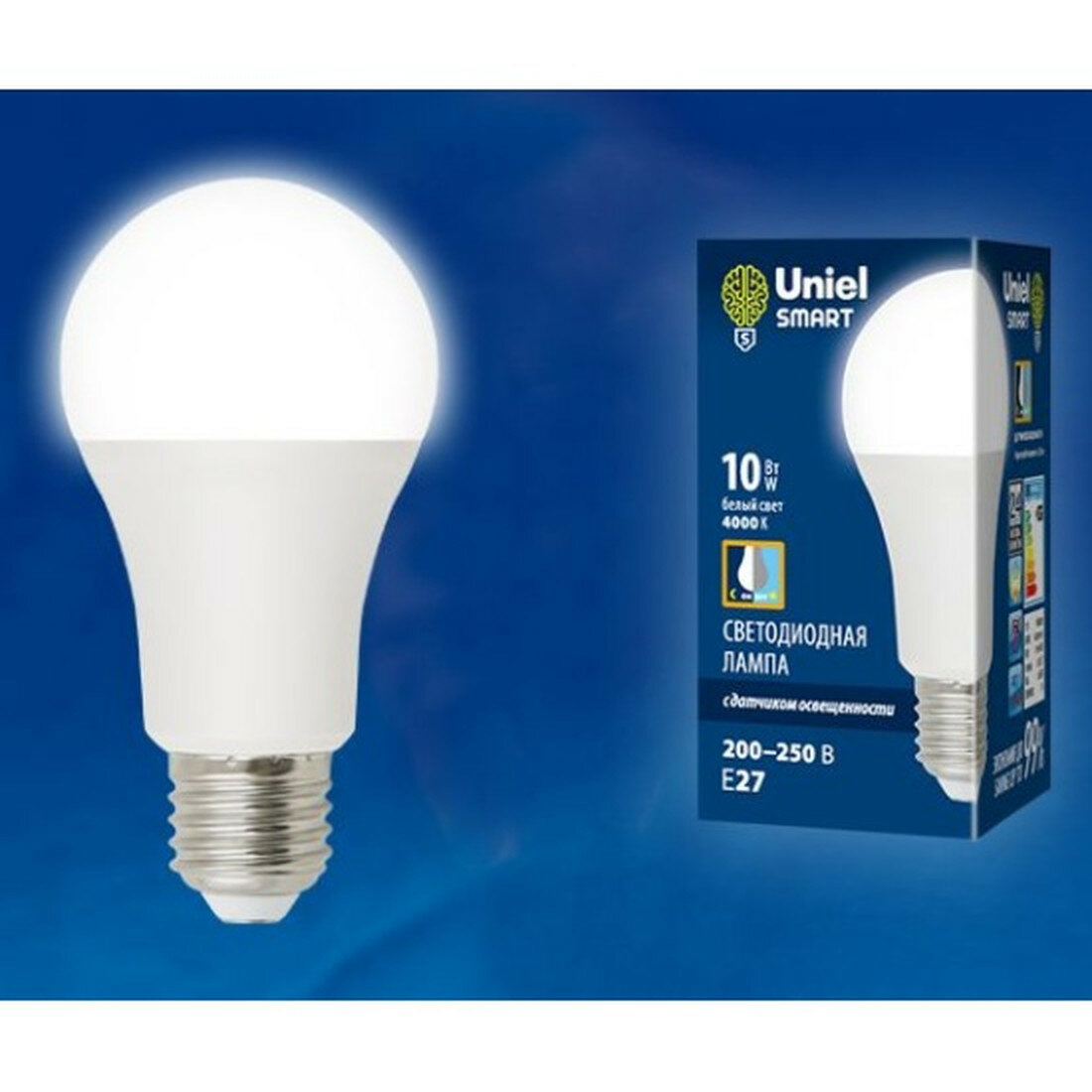 Светодиодная лампа Uniel LED-A60-10W/4000K/E27/PS PLS10WH с датчиком освещенности