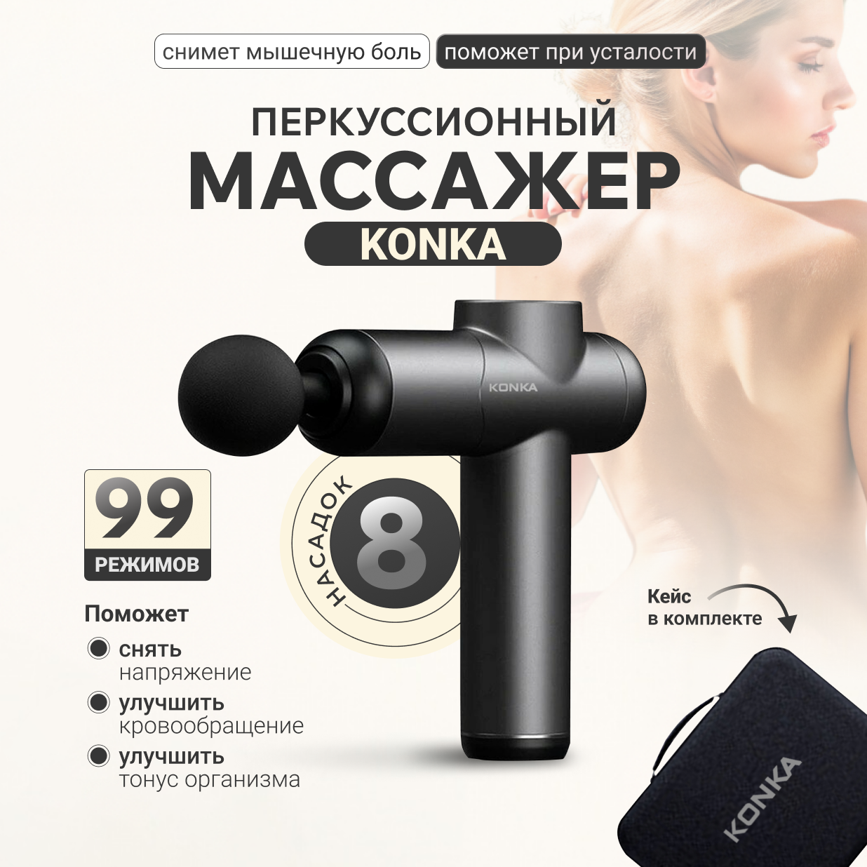 Массажер для тела перкуссионный KONKA 8808 электрический, вибрационный, 8 насадок, беспроводной, серый