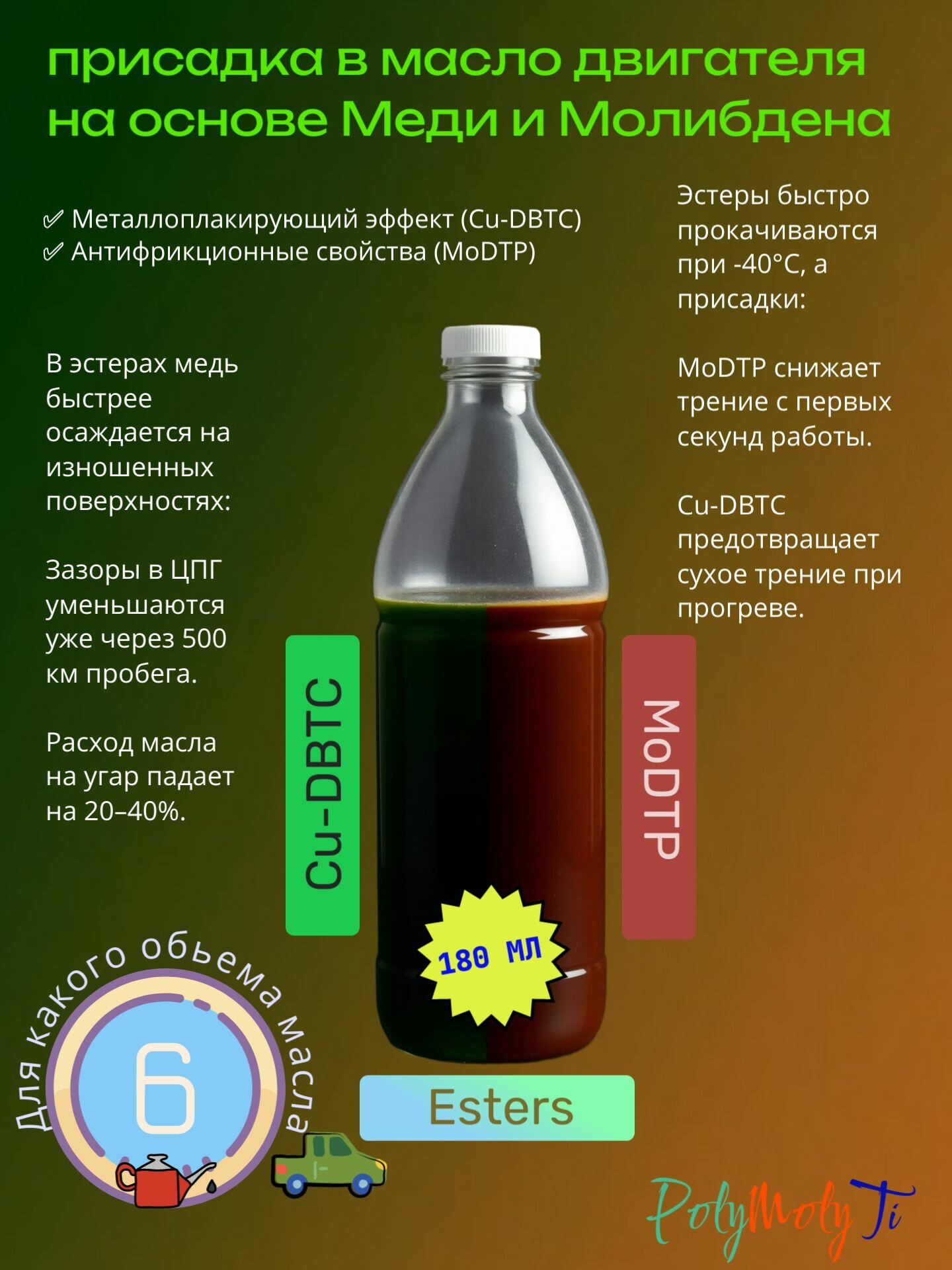 Присадка в масло двигателя с Молибденом и Медью на 6 литров. Снижает износ и трение уменьшает расход масла выравнивает компрессию. PolyMolyTi