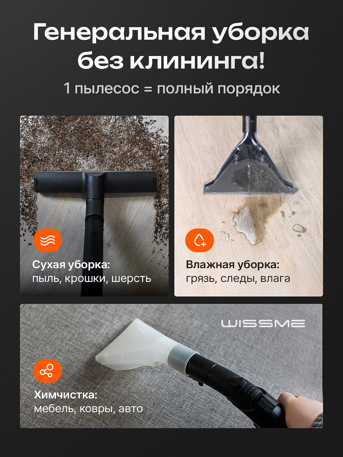 Пылесос Wissme Reliable Stainless X1600, для сухой и влажной уборки, мощность 1600Вт — фото 1