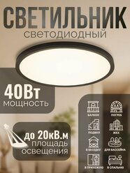Светильник потолочный светодиодный пластиковый мощный и яркий 40Вт, 6000К, 37см, черный