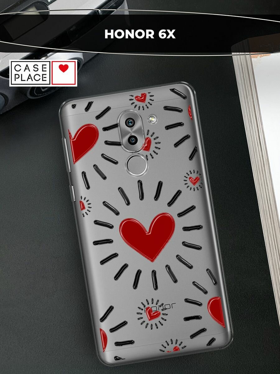 Чехол на Honor 6X / Хонор 6Х с принтом "Бордовые сердца паттерн"