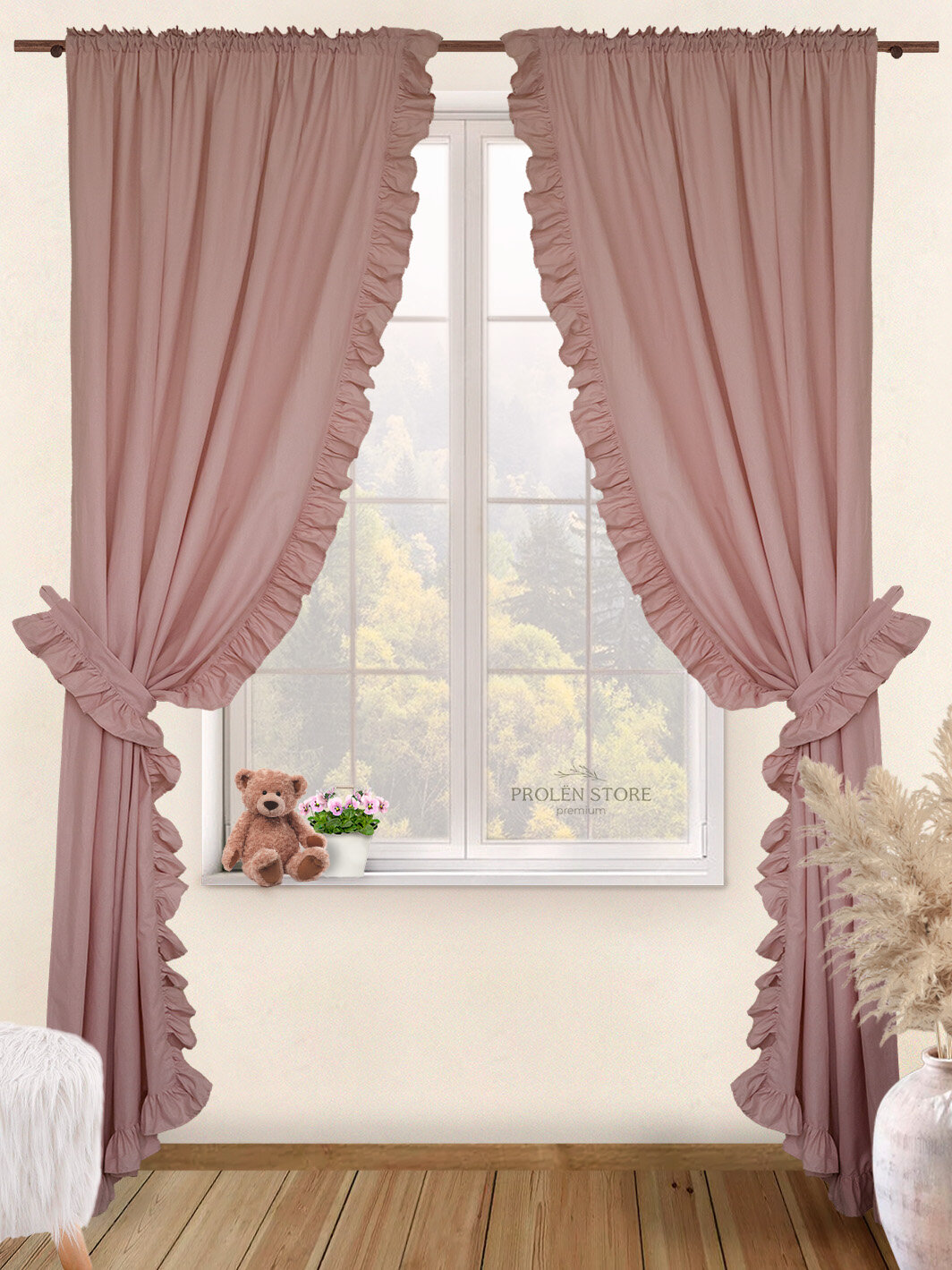 Шторы для комнаты, GLHome, хлопок, лен , розовая 2 шт +2 подхвата 145*275см