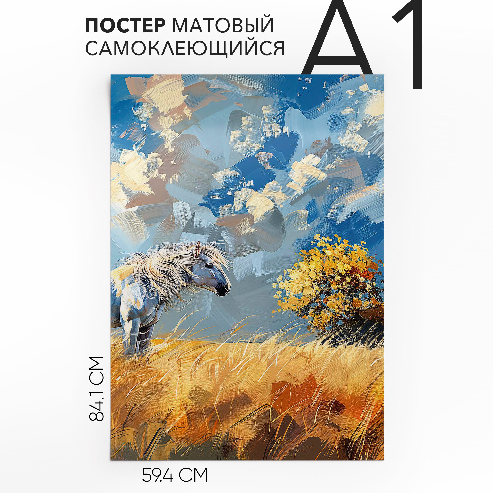 Картины постеры на стену самоклеящийся, большой A1 Конь в степи, влагостойкий, для декора
