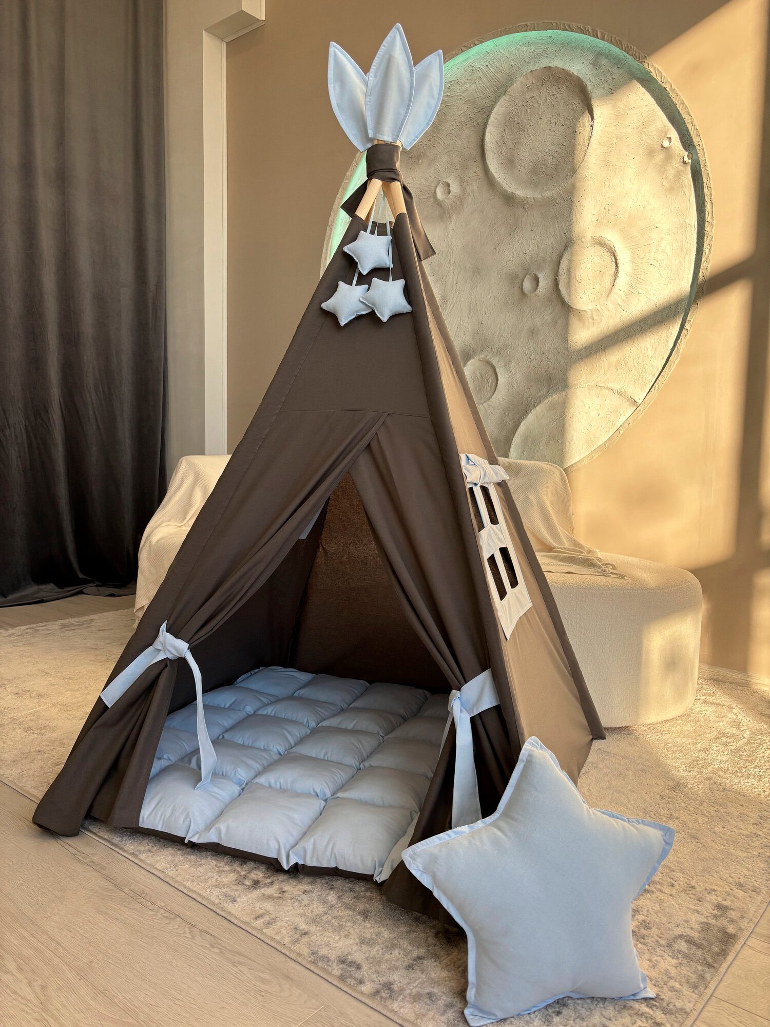 Вигвам детский СЕРО-ГОЛУБОЙ с ковриком, Комплект SWEET HOME for kids
