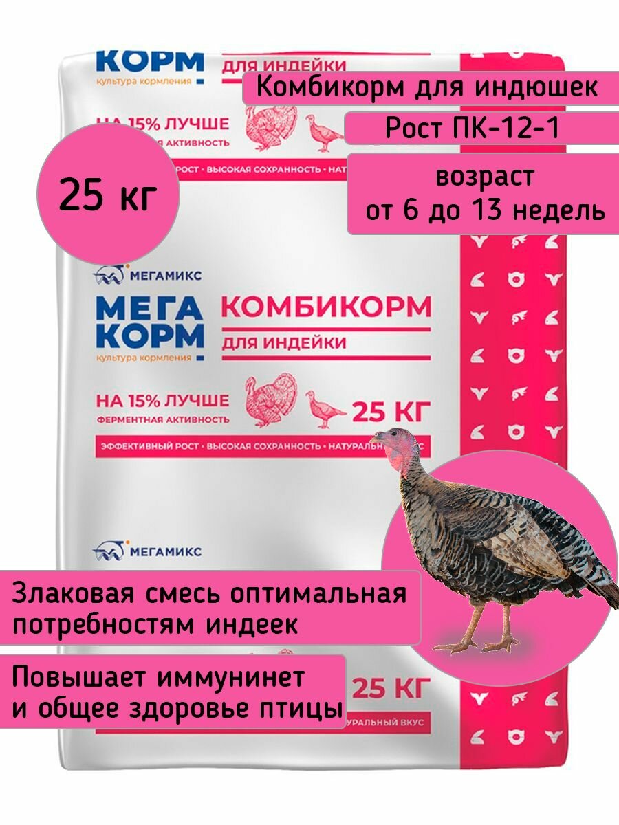 Комбикорм для индюшек и перепелов старт Мегакорм Индейка и Перепела Старт ПК-11-1 ( 0 - 5 недель) (25 кг/м) 1кг.