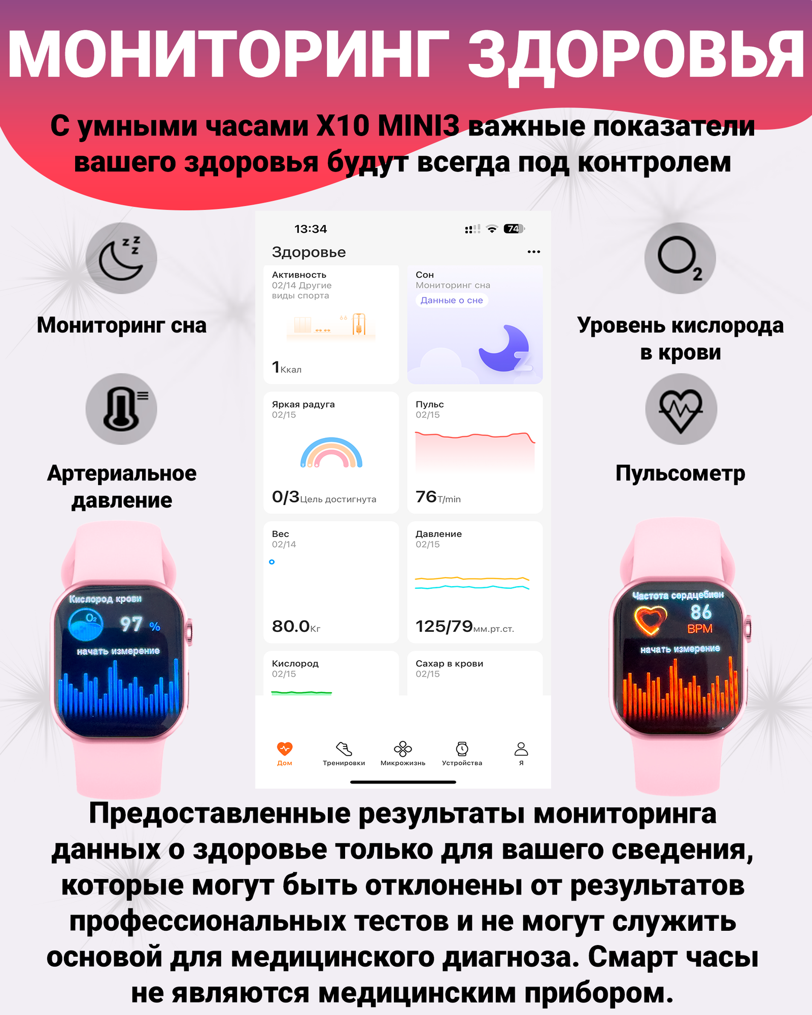Смарт часы X10 Mini3 компактные 1.9", NFC, ЭКГ, SpO2, IP67, беспроводная зарядка, розовый — фото 1