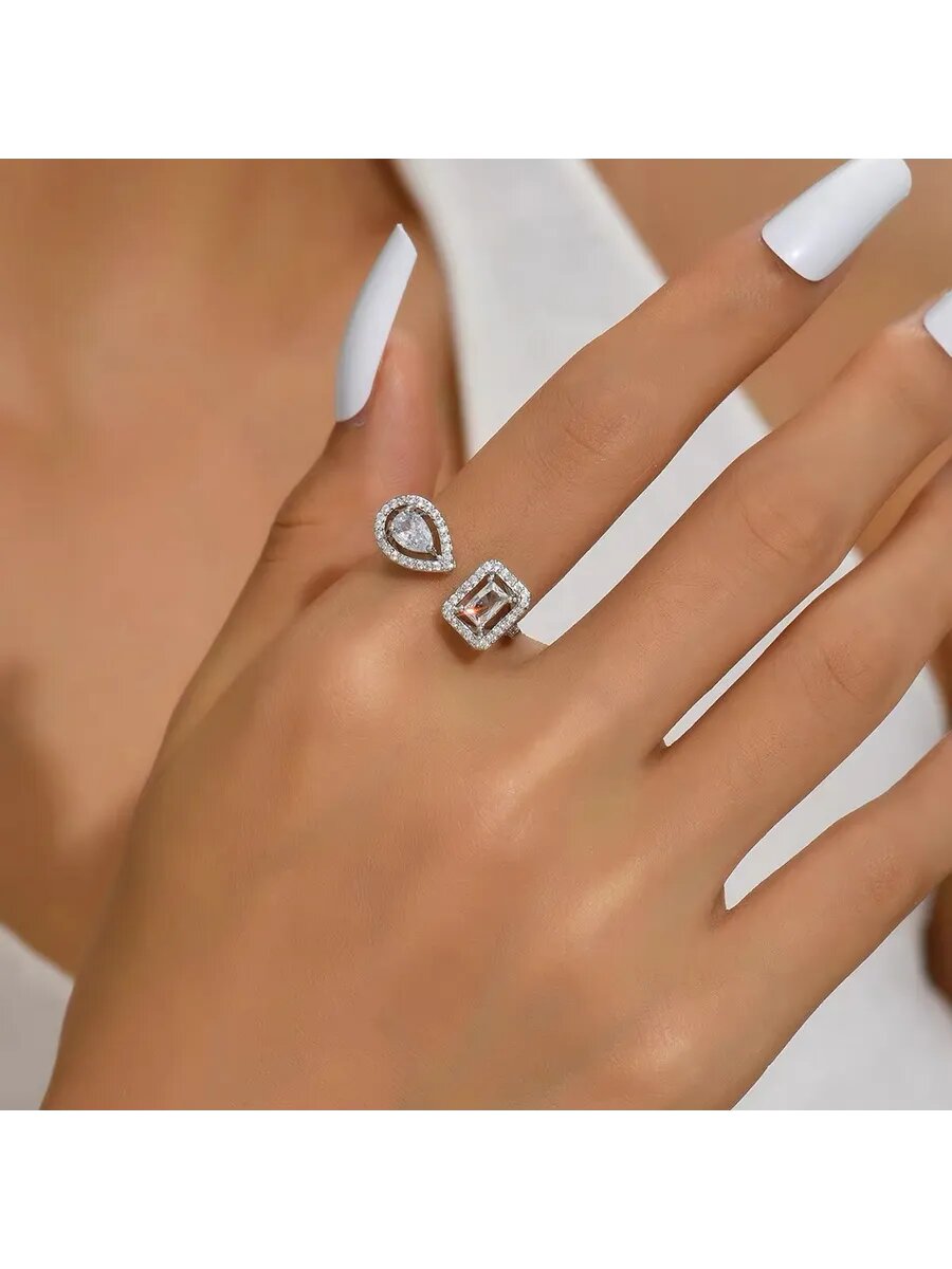 Кольцо, кристалл, циркон, фианит, безразмерное, серый, серебряный, бесцветный