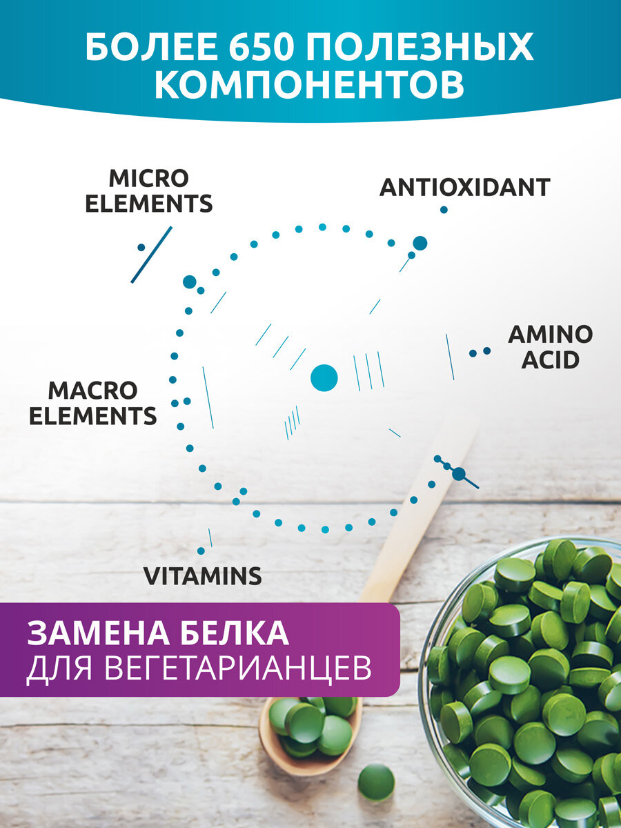 Хлорелла 100% натуральные морские водоросли, суперфуд в таблетках, для похудения, 100 г — фото 1