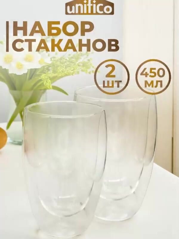Набор стаканов с двойными стенками 2шт. 450 мл из боросиликатного стекла Unifico — фото 1