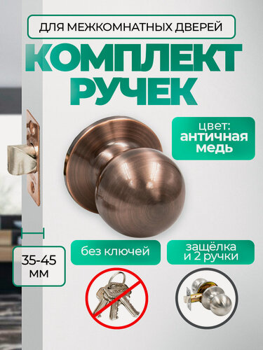 Изображение товара Ручка дверная с защелкой межкомнатная круглая, поворотная, нажимная Титан 706-05 AC, без запирания, античная медь