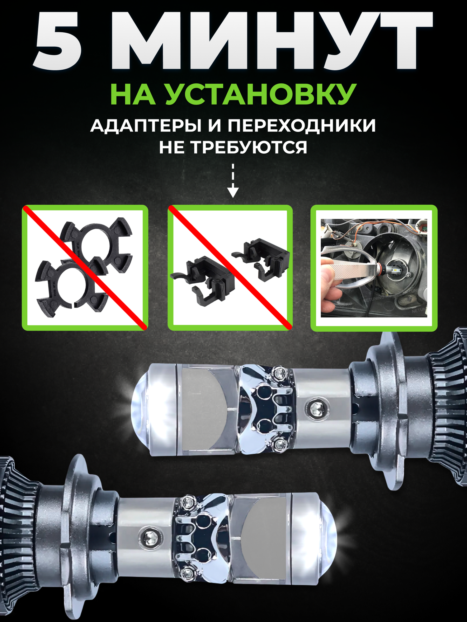 Светодиодные H7 LED лампы Н7 лед мини линзы 2 шт. 6000-6500К — фото 1