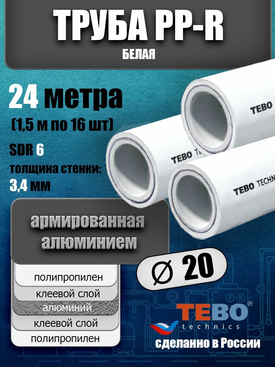 Труба 20 мм полипропиленовая, армированная алюминием (для отопления), SDR 6, 24 метра (1,5 м х 16 шт) / Tebo (белый)