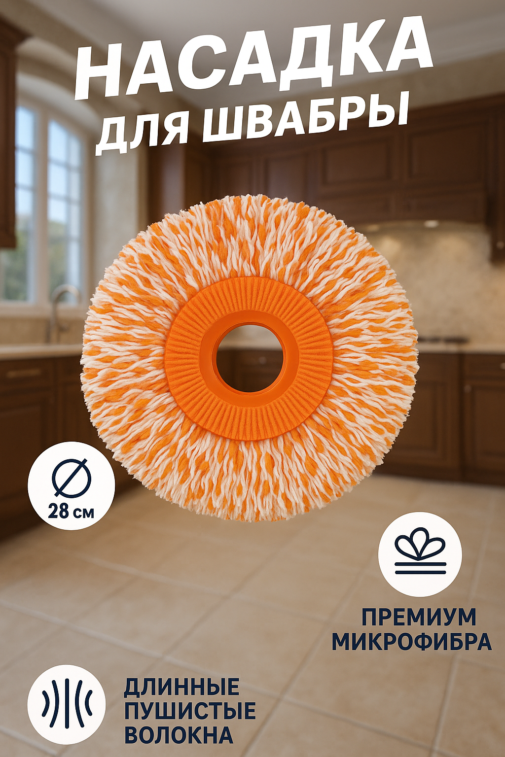Тряпка для швабры, насадка на швабру из микрофибры, круглая, лапша 28 см.
