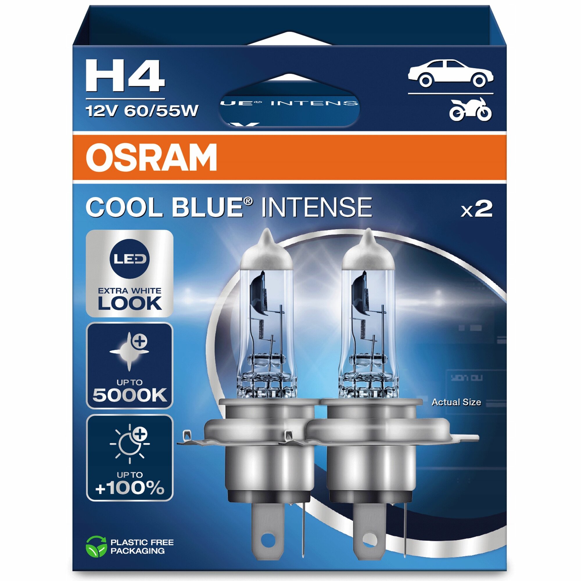 Лампа автомобильная H4 12V-60/55W (P43t) (бело-голубоват. свет) Cool Blue Intense (2шт) (к. у.)64193CBN2HB