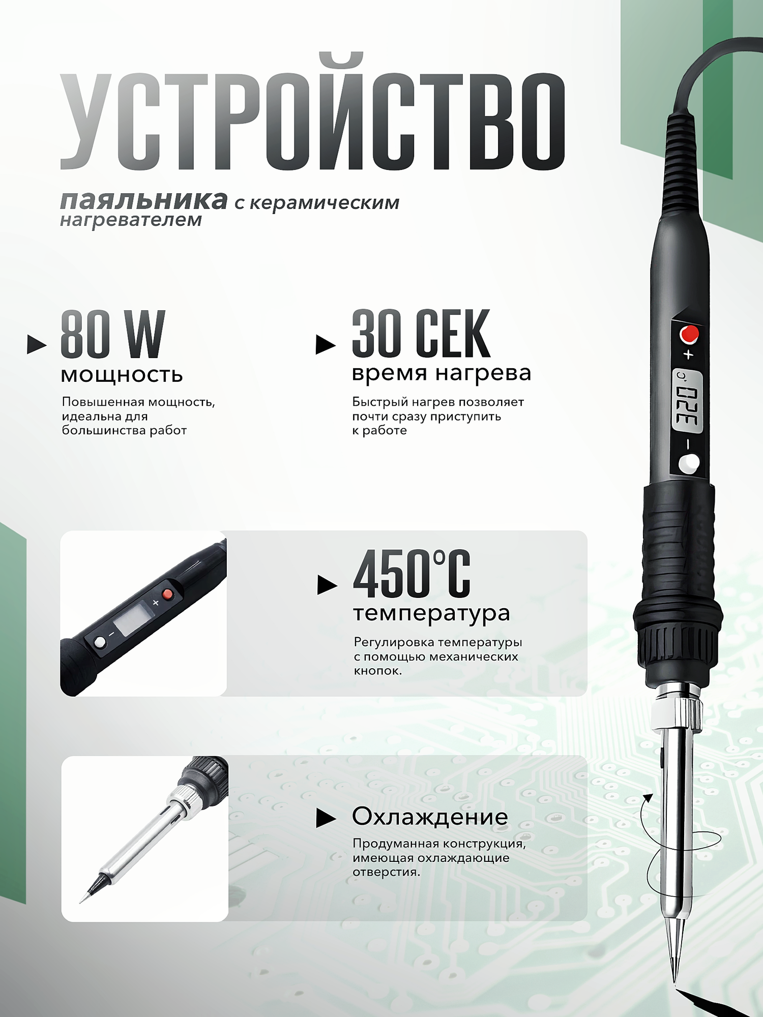 Паяльник электрический 80 Вт в чехле с регулировкой температуры 15 предметов — фото 1
