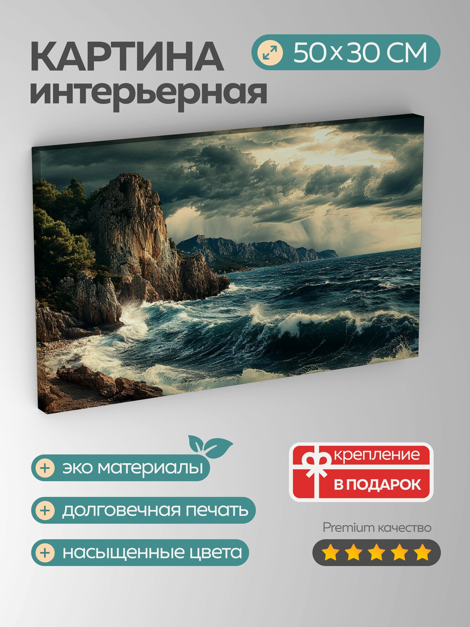 Картина на холсте интерьерная 50х30 см побережье шторм утесы море освещение природа турецкий пейзаж фотография