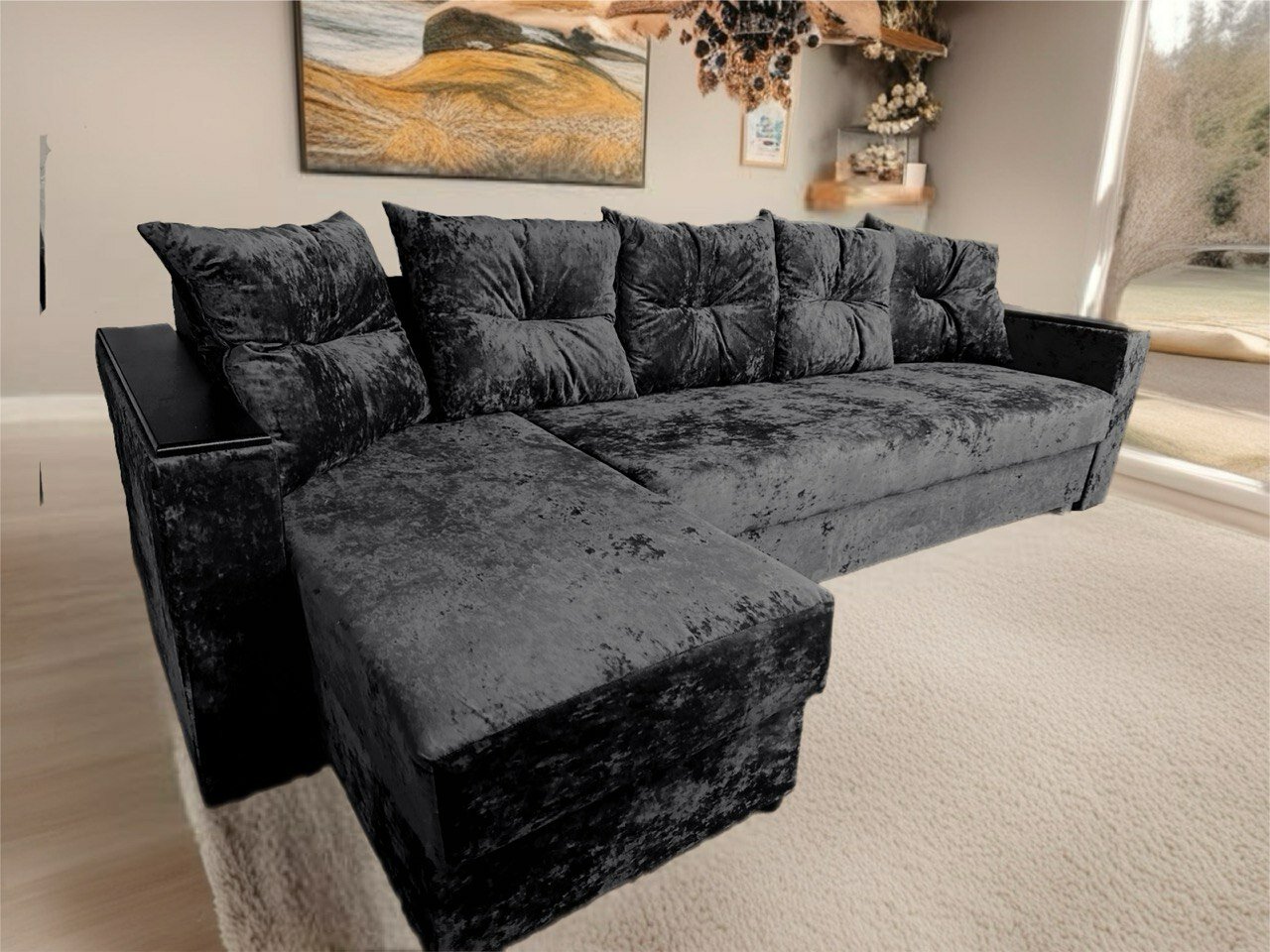 Большой угловой диван-кровать "орлеан" черный антивандальный велюр OWN, Еврокнижка, 285 х 140 х 80 см.