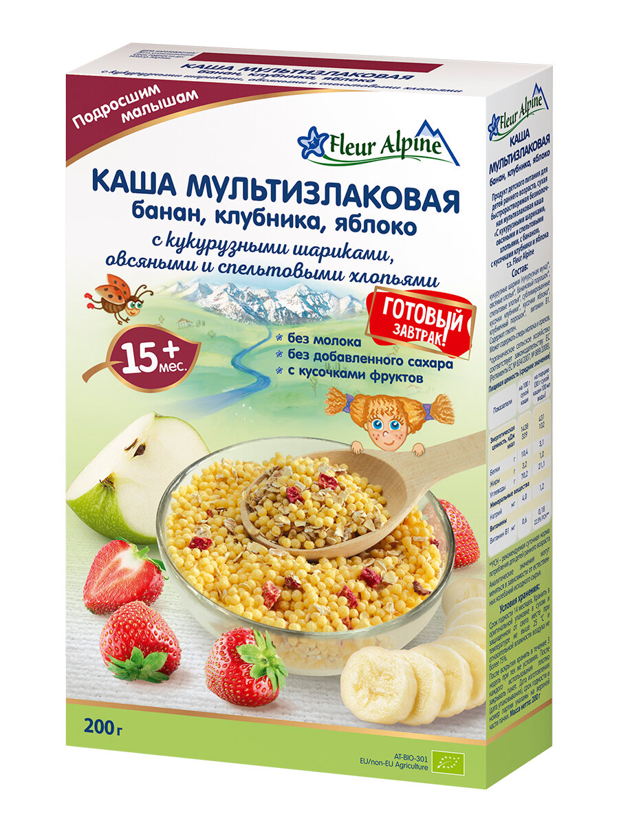 Каша Fleur Alpine мультизлаковая банан, клубника, яблоко с кукурузными шариками, овсяными и спельтовыми хлопьями, с 15 месяцев, 200 г