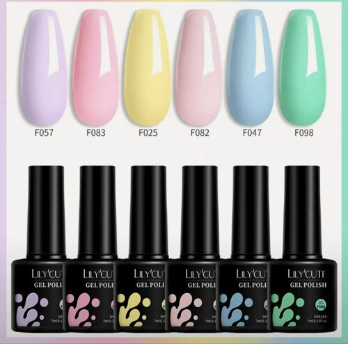 Изображение товара Набор гель-лаков, 6 штук, для ногтей, нежные цвета, глянцевые.