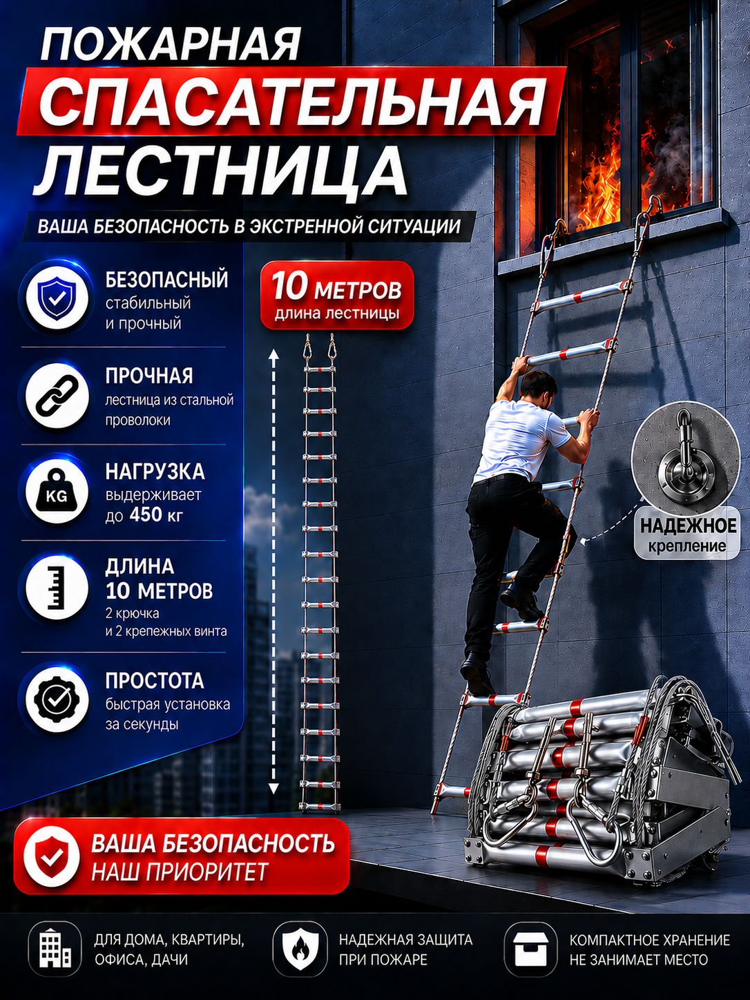 Веревочная лестница спасательная Огнезащитная,10 метров