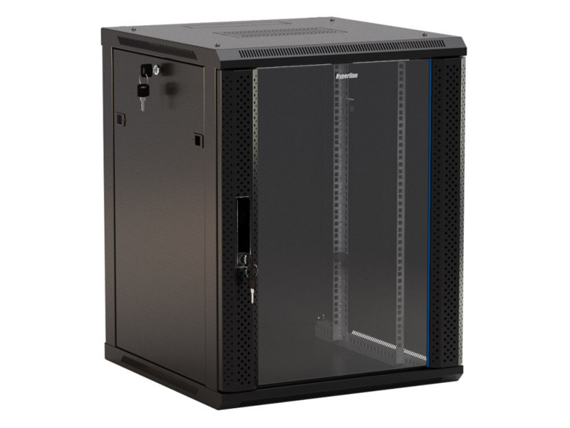 Шкаф коммутационный (TWB-1266-GP-RAL9004) настенный 12U 600x600мм пер. дв. стекл 2 бок. пан. 60кг черный 650мм IP20 сталь