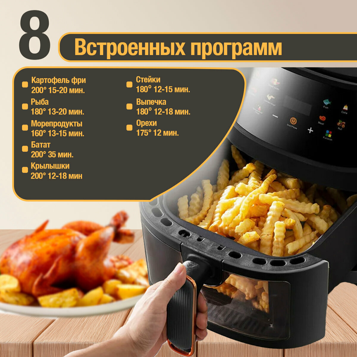 Аэрогриль электрический для дома, аэрофритюрница, сенсорный, настольный, объем 6 литров, мощность 1350 Вт, черный — фото 1