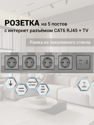 Изображение товара Розетка ТВ и интернет 5 постов, антенна ТВ/компьютер RJ-45 CAT6, рамка закаленное стекло 366*82*8 мм, цвет серый