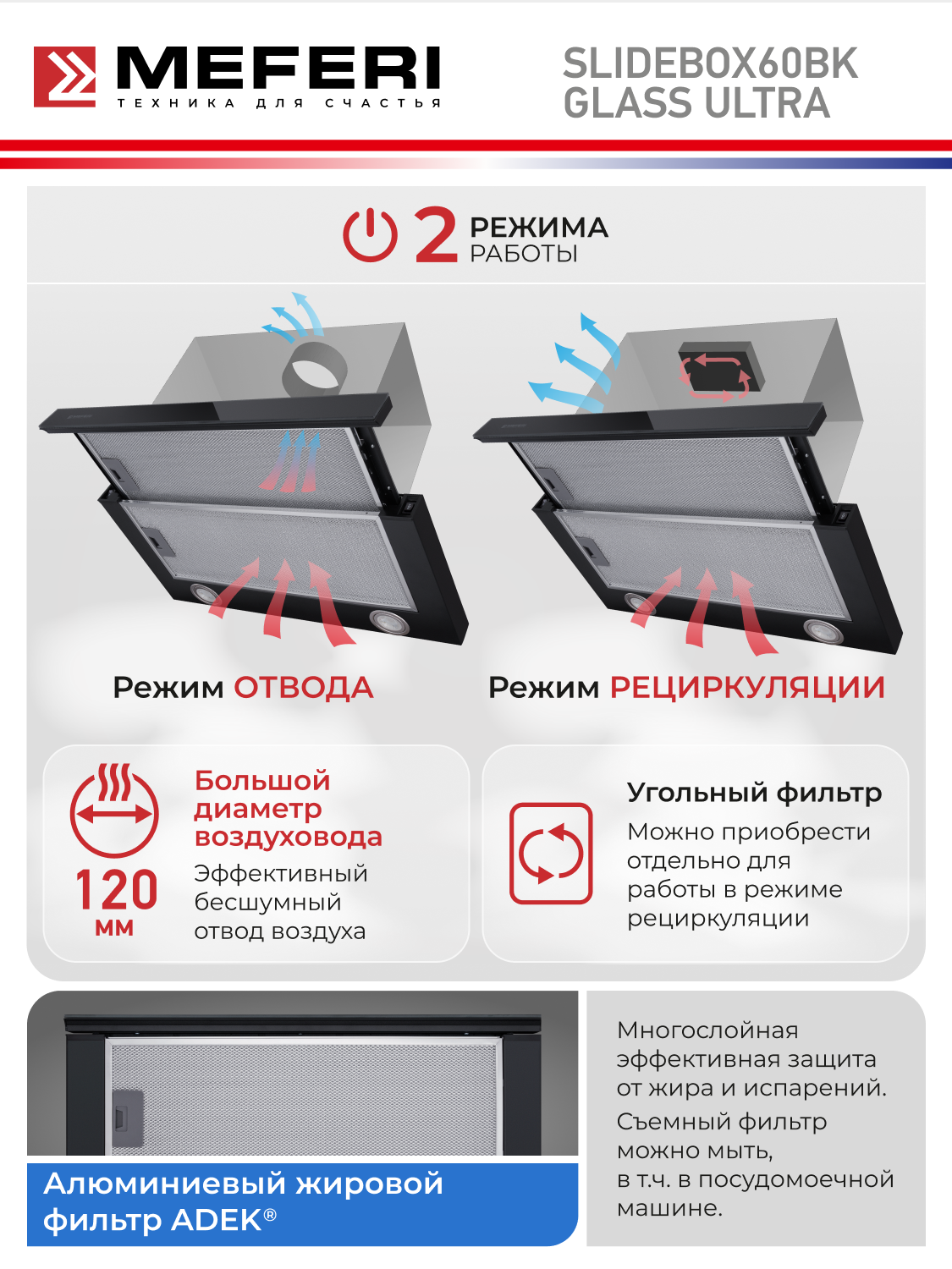 Вытяжка телескопическая кухонная MEFERI SLIDEBOX60BK GLASS ULTRA на 60 см, черная, производительность 850 м3/ч, стекло — фото 1