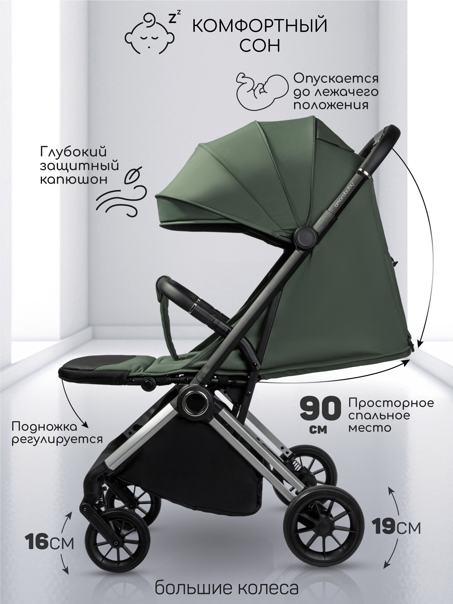 Прогулочная коляска Amarobaby Handy, зеленый/серебряный — фото 1