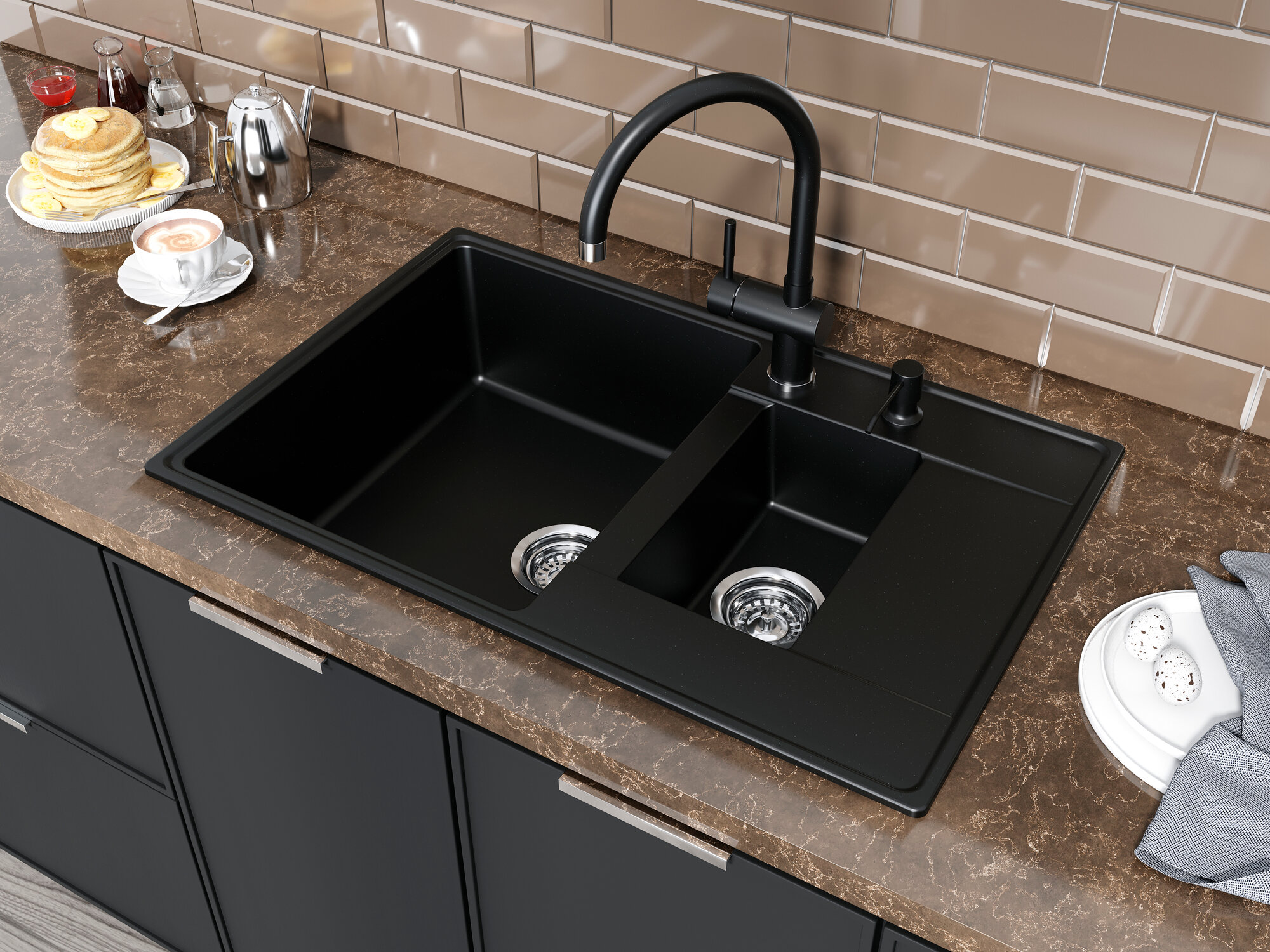 Мойка двойная для кухни накладная каменная черная 780x500х200 мм Grandex Aqua TOPLINE 78F кварц с сифоном цвет черный металлик