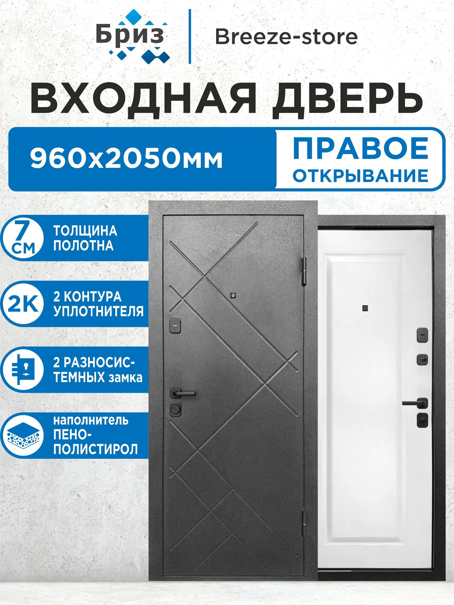 Входная дверь металлическая 7 см Штамп Букле Графит МП 2050х960 Правая
