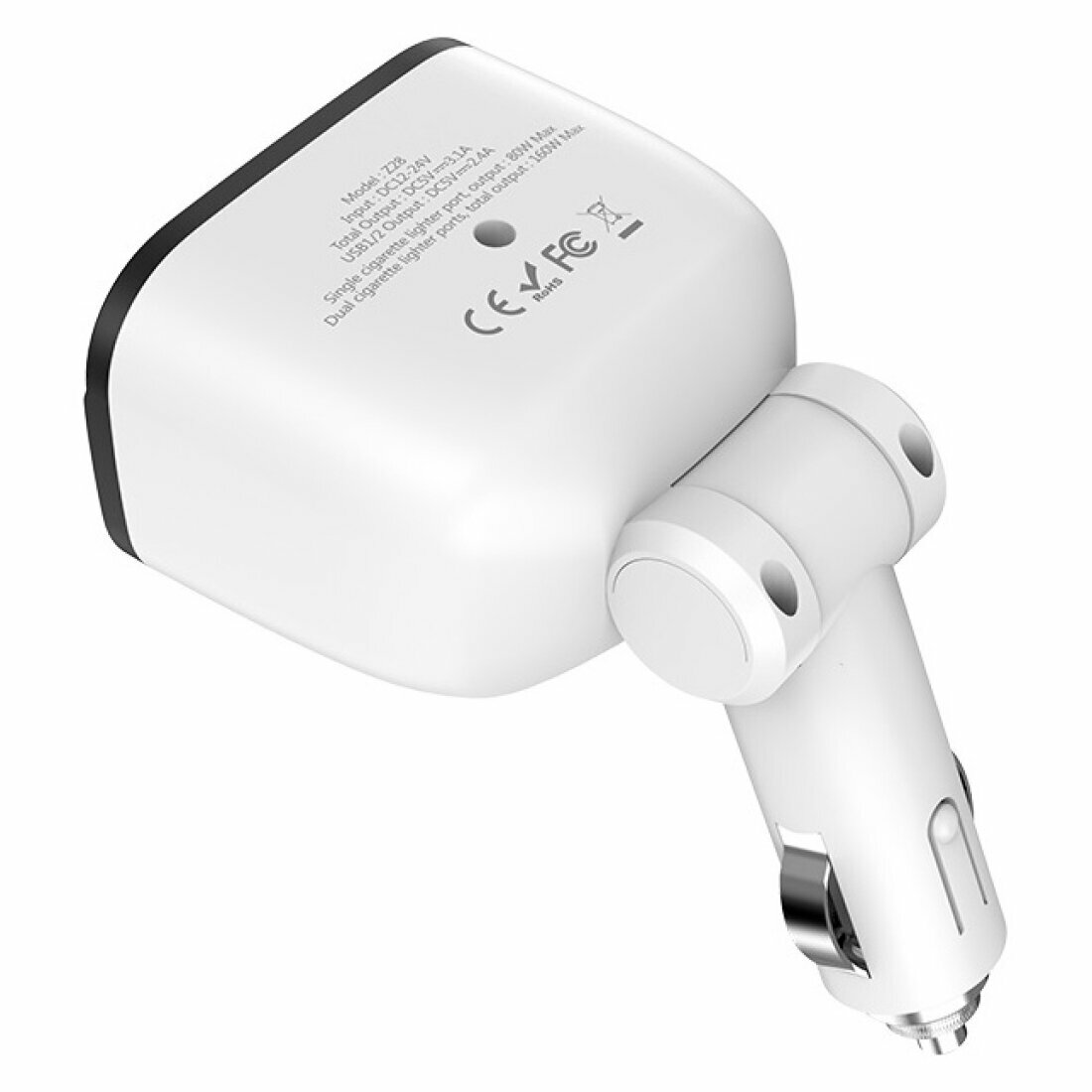 Разветвитель прикуривателя на 2 USB + 2 прикуривателя (display), Z28, HOCO, белый — фото 1