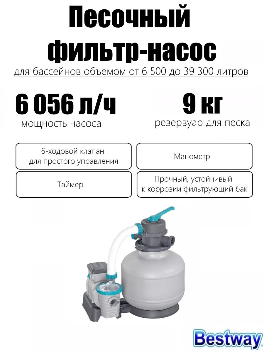 Песочный фильтр-насос 5678л/ч резервуар для песка 9кг фракция 0.45-0.85мм