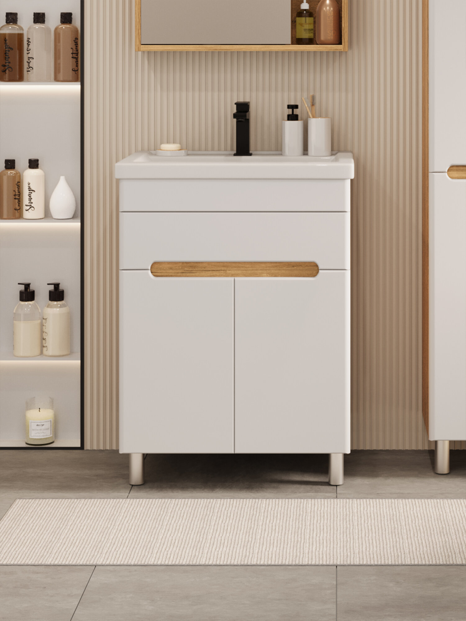 Тумба напольная Vannika Bliss 60 с раковиной Фостер 60 для ванной комнаты белая дуб вотан