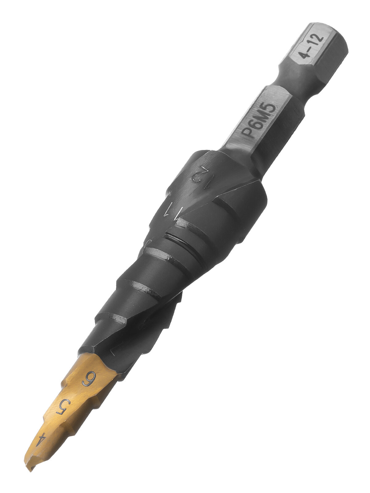 Сверло ступенчатое по металлу Denzel  4  5  6  7  8  9  10  11  12 мм  6 гранный хвостовик  сталь Р6М5  в боксе  723602