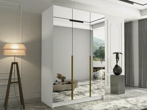 Изображение товара Трехсекционный шкаф Элли с 3 зеркалами (ручки золото) Белый снег 8685 BS NOW 170*45*230 см Фиеста
