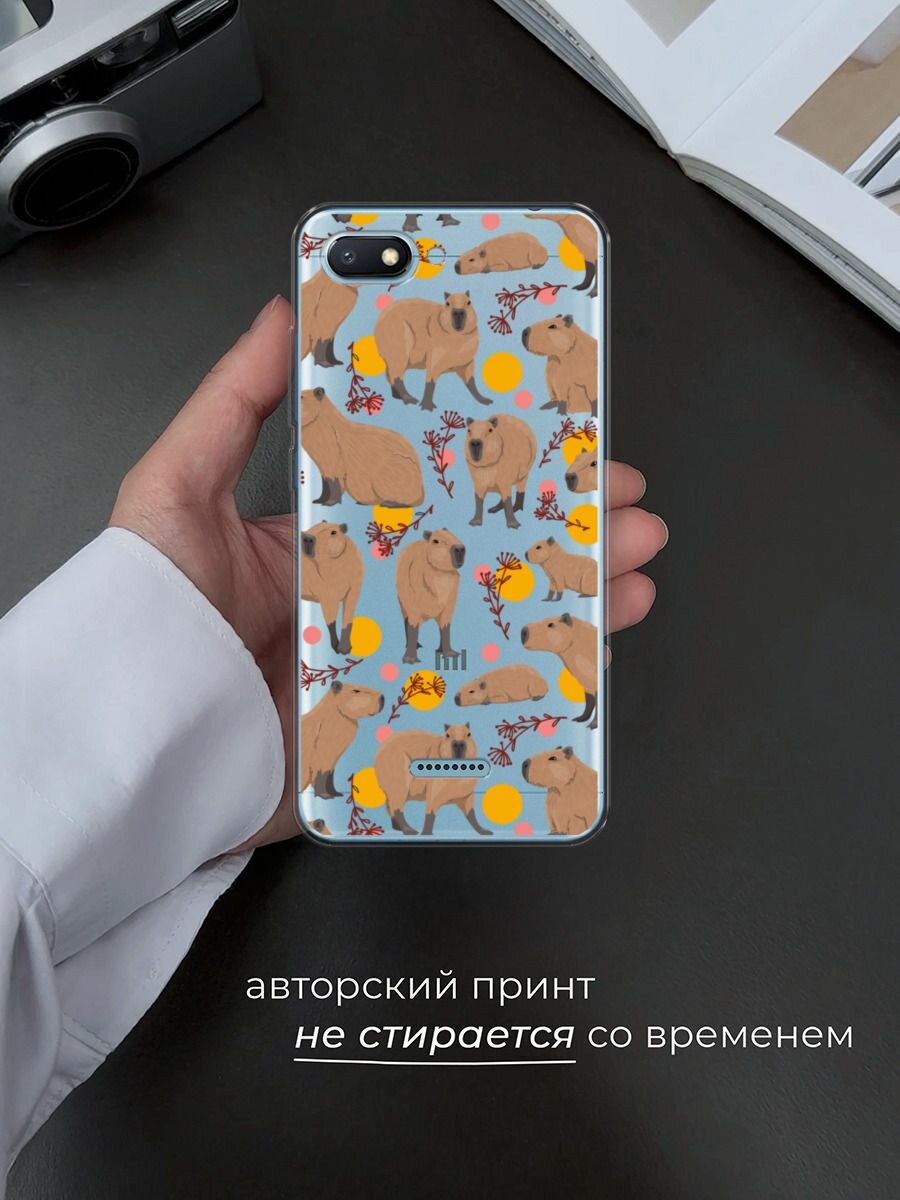 Чехол на Xiaomi Redmi 6A / Сяоми Редми 6А с принтом "Капибара паттерн", прозрачный — фото 1