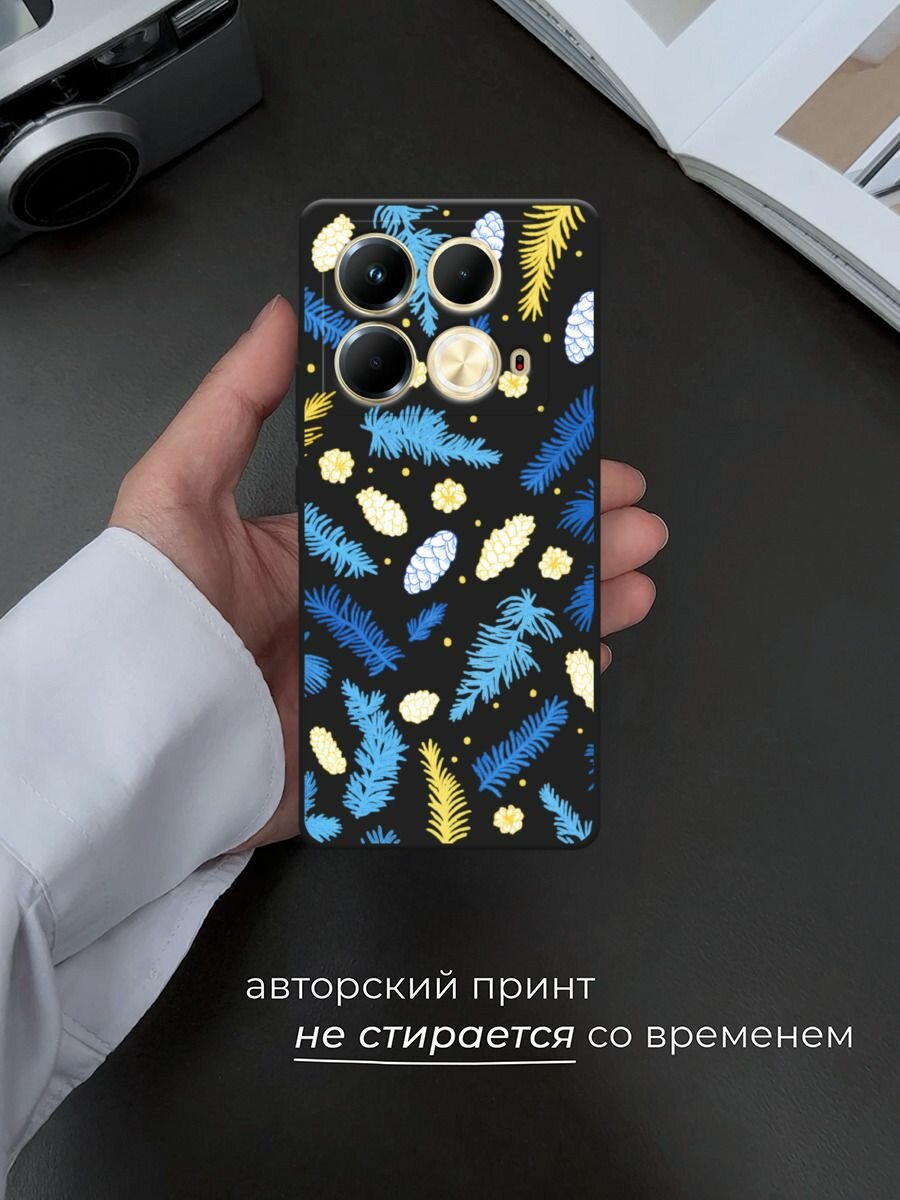 Черный матовый чехол на Infinix Note 40 / Инфиникс Нот 40 с принтом "Елки и шишки" — фото 1