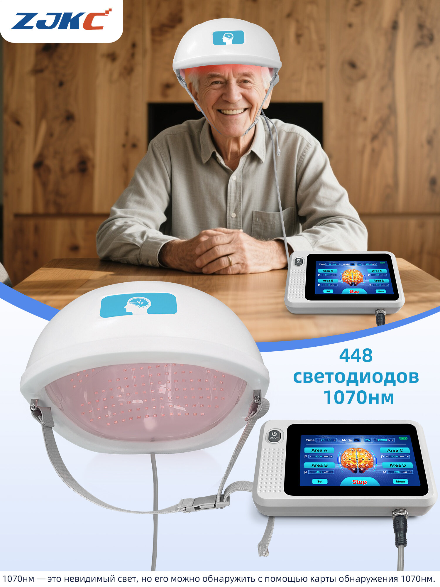 Шлем для фотобиомодуляции PBM, с ближним инфракрасным светом 1070нм, 36Вт, белый