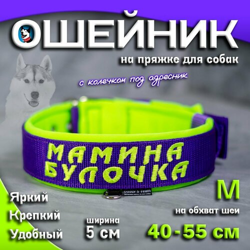 Ошейник для собак Buddy team на пряжке, с вышивкой мамина булочка, ширина 5 см, с мягким подкладом для средних и крупных пород, размер M