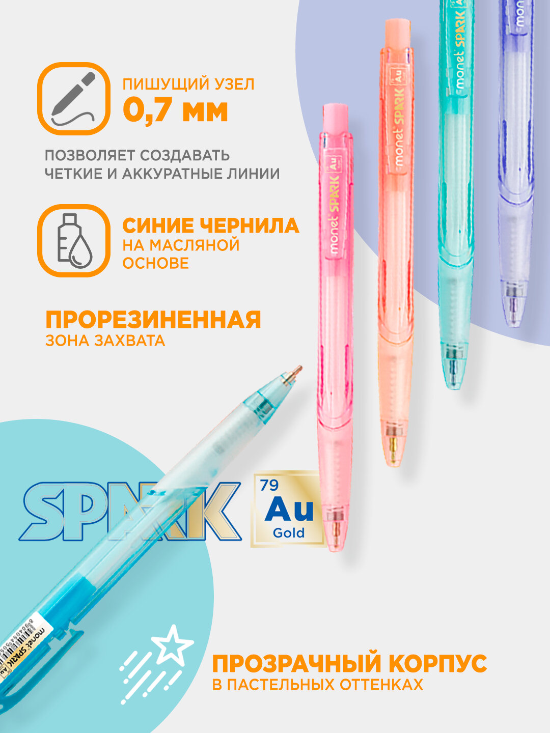Шариковые ручки Monet Spark Au Gold 5 штук, масляные чернила, синие, 0,7мм — фото 1