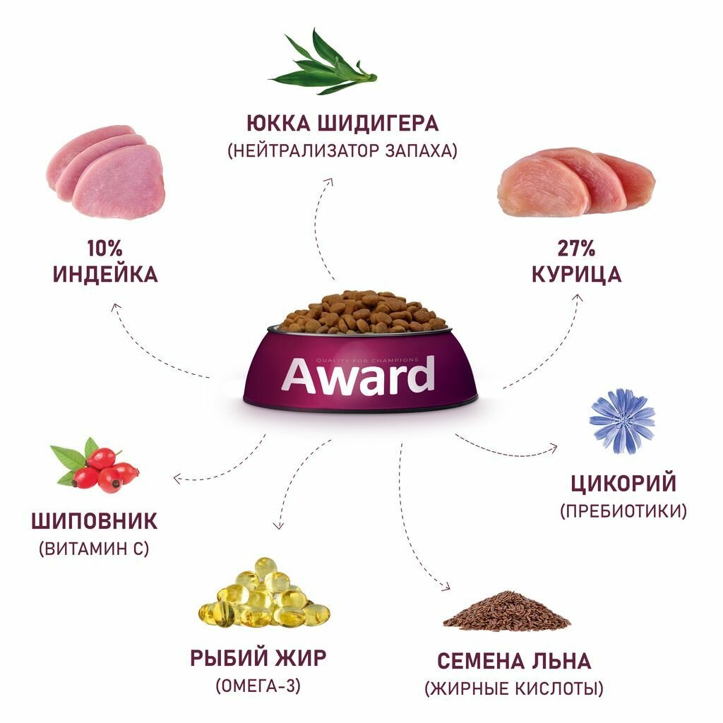 Сухой корм AWARD Healthy growth для котят от 1 месяца, беременных и кормящих кошек с индейкой и курицей с добавлением рыбьего жира и семян льна 1,5кг — фото 1