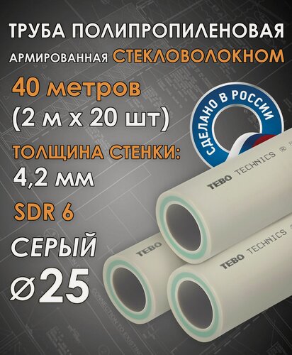 Изображение товара Труба 25 мм полипропиленовая, армированная стекловолокном (для отопления), SDR 6, 40 метров (2 м х 20 шт) / Tebo (серый)