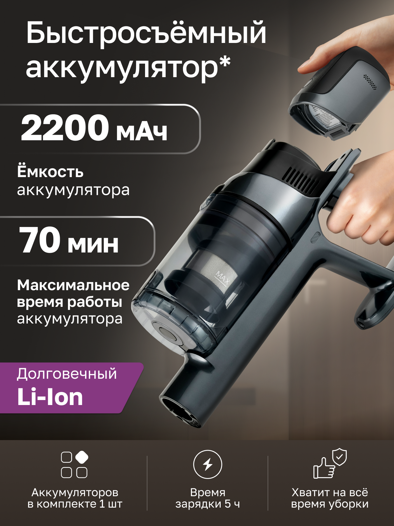 Пылесос вертикальный беспроводной GARTZ VVC320G Ultimate, моющий, для дома, сухая и влажная уборка, 5 насадок, 3 режима, мощность 450Вт, инверторный мотор, Turbo-щетка, LED дисплей — фото 1