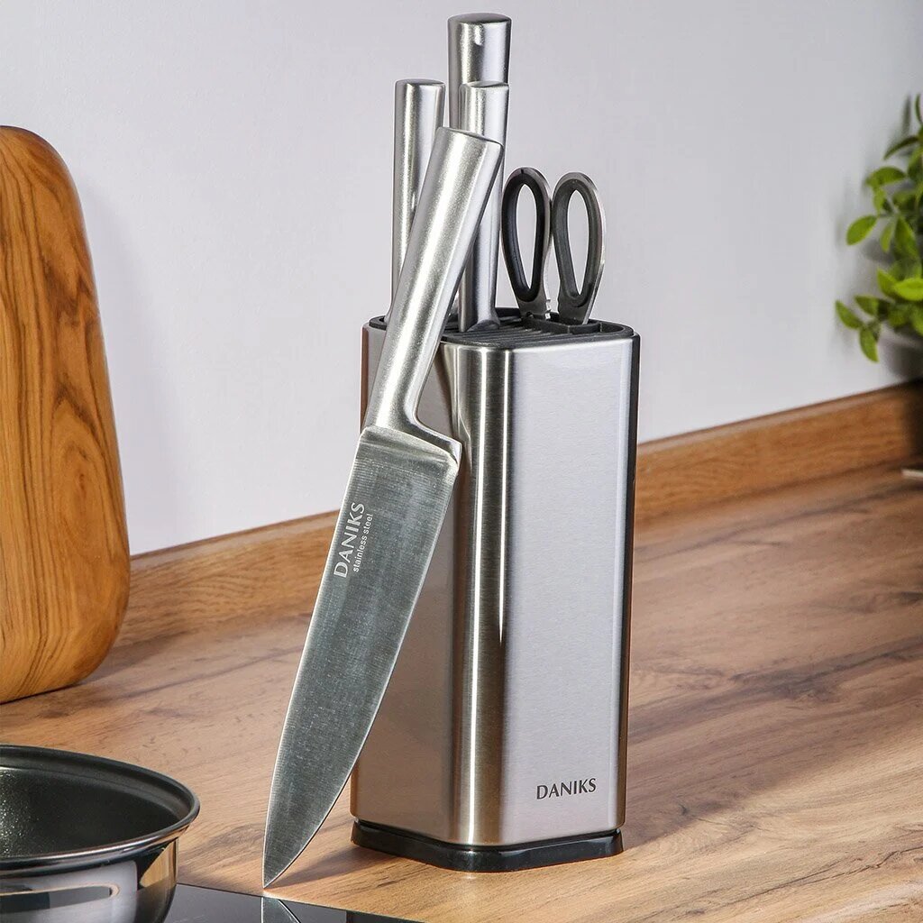 Набор ножей 6 предметов, нержавеющая сталь, рукоятка нержавеющая сталь, с подставкой, Daniks, Квадро, YW-A155-3