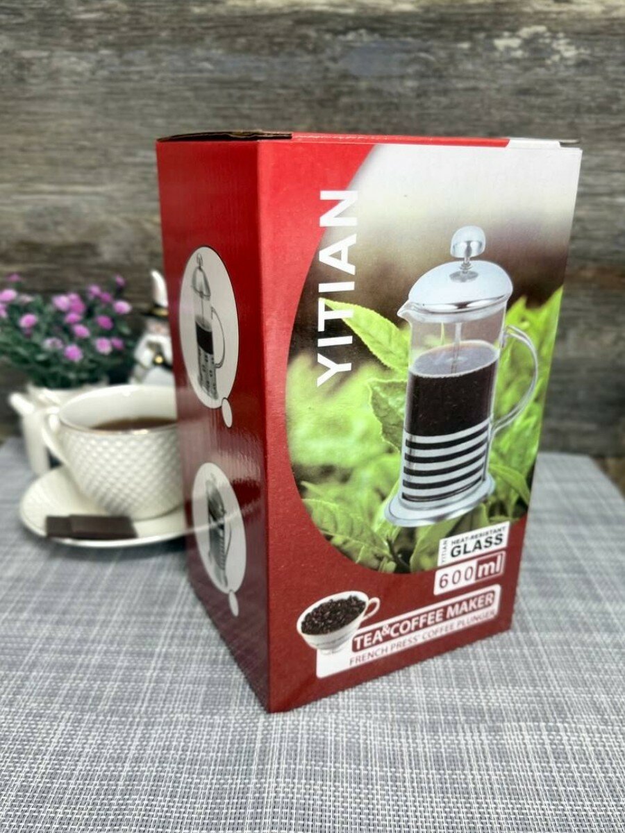 Френч-пресс металлический со стеклянной колбой объем 600 мл Фокус — фото 1