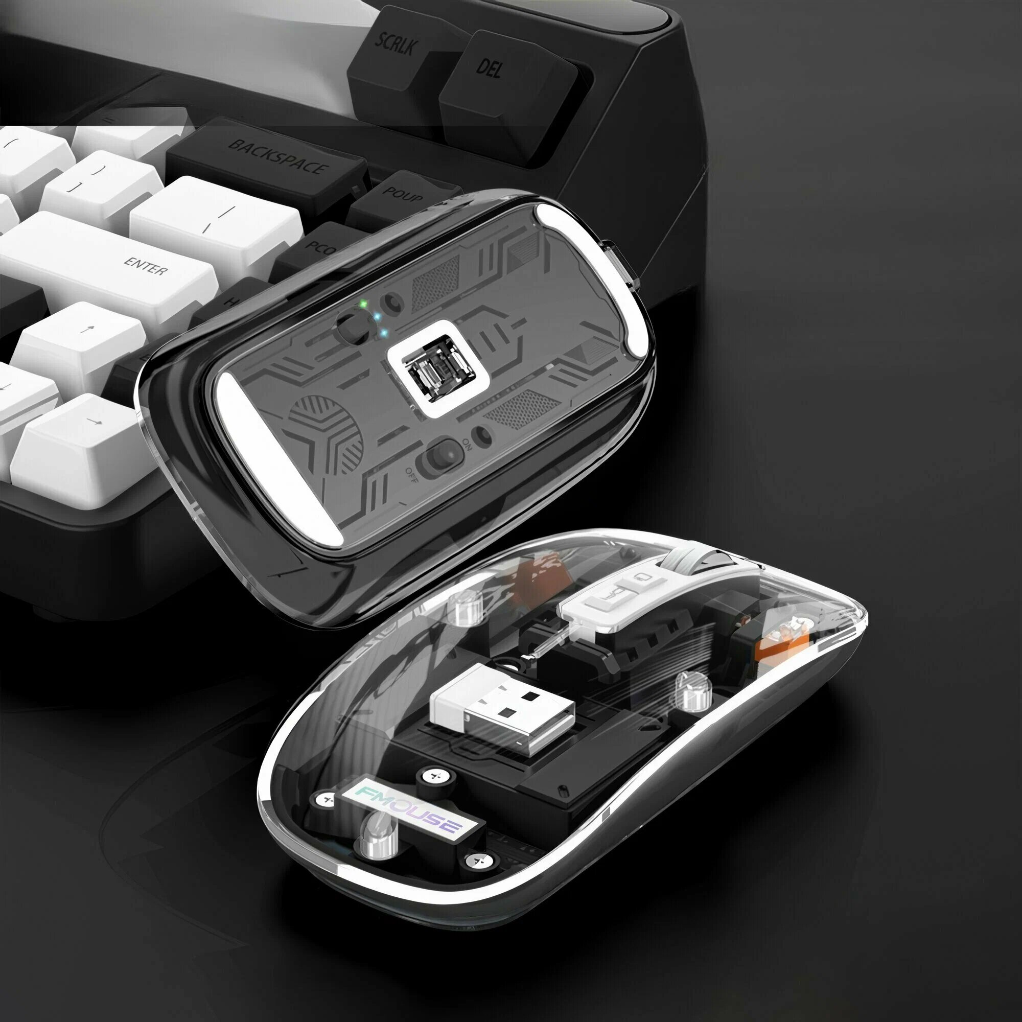 Прозрачная офисная беспроводная мышь FMouse M133 радиоканал/Bluetooth , прозрачный, черный