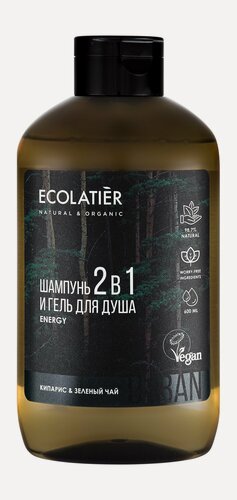 Изображение товара ECOLATIER Гель для душа и шампунь 2 в 1 Кипарис & Зеленый Чай мужской, 600 мл